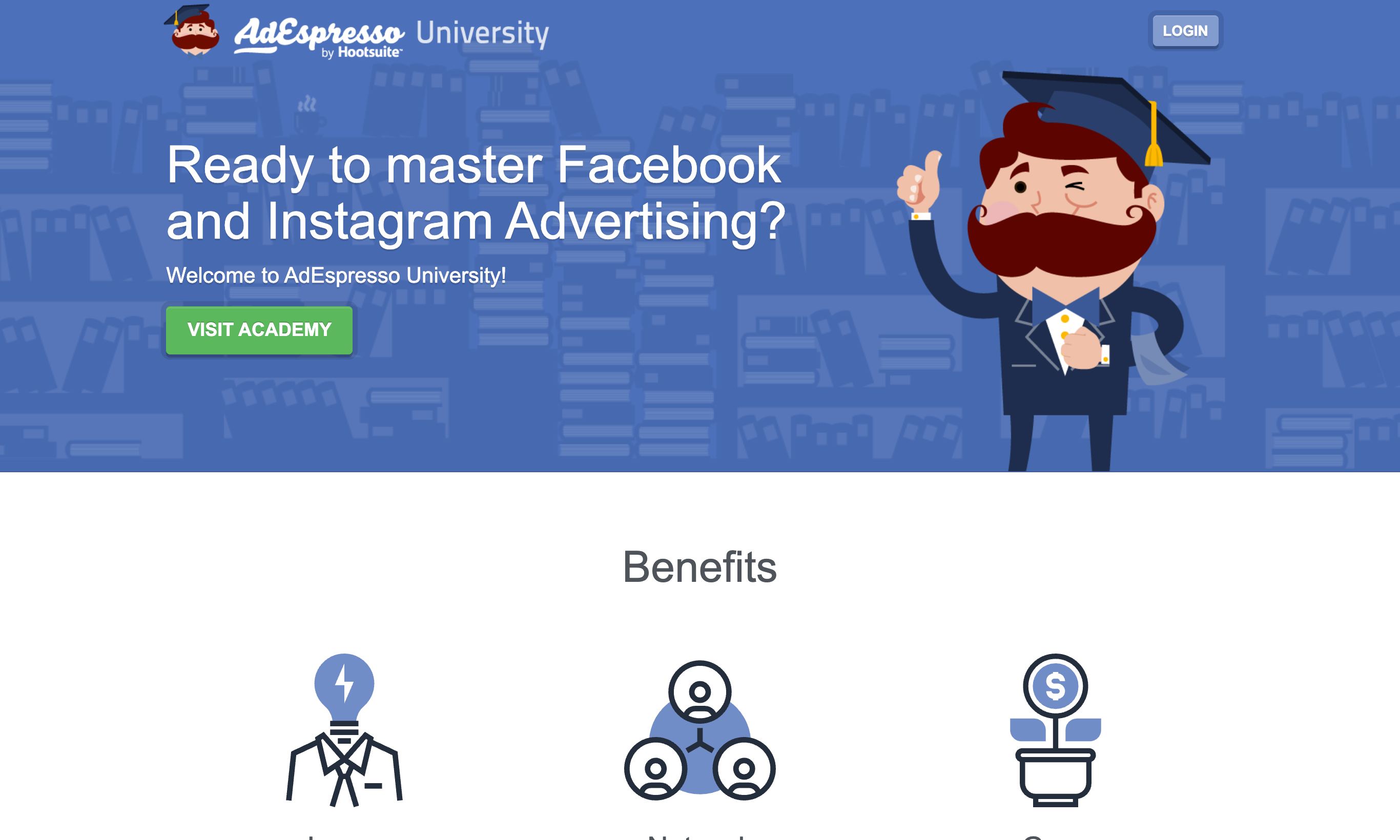 An overview of the AdEspresso University Facebook Ads main page