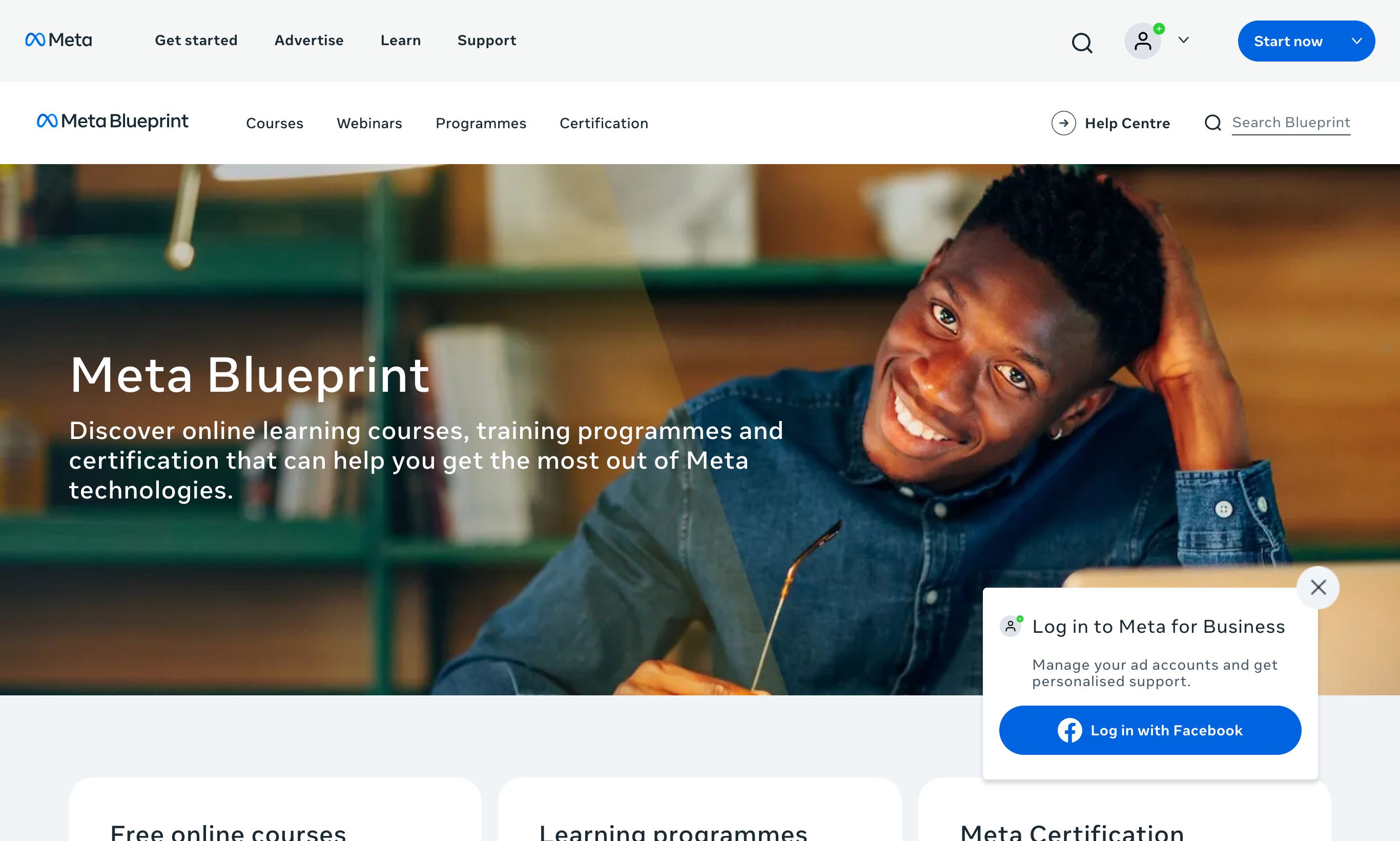 An overview of the Meta Blueprint Facebook Ads course main page