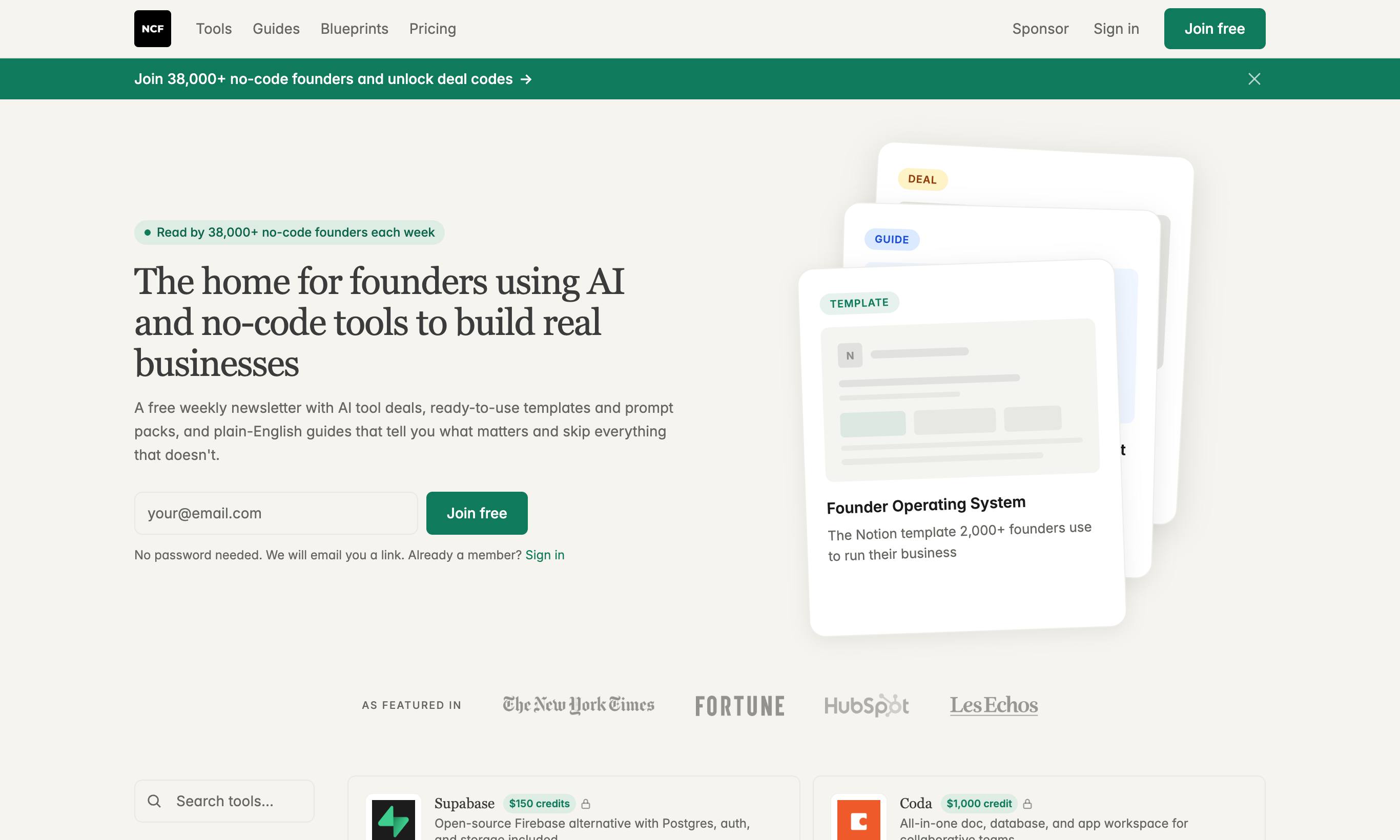 No Code Founders homepage