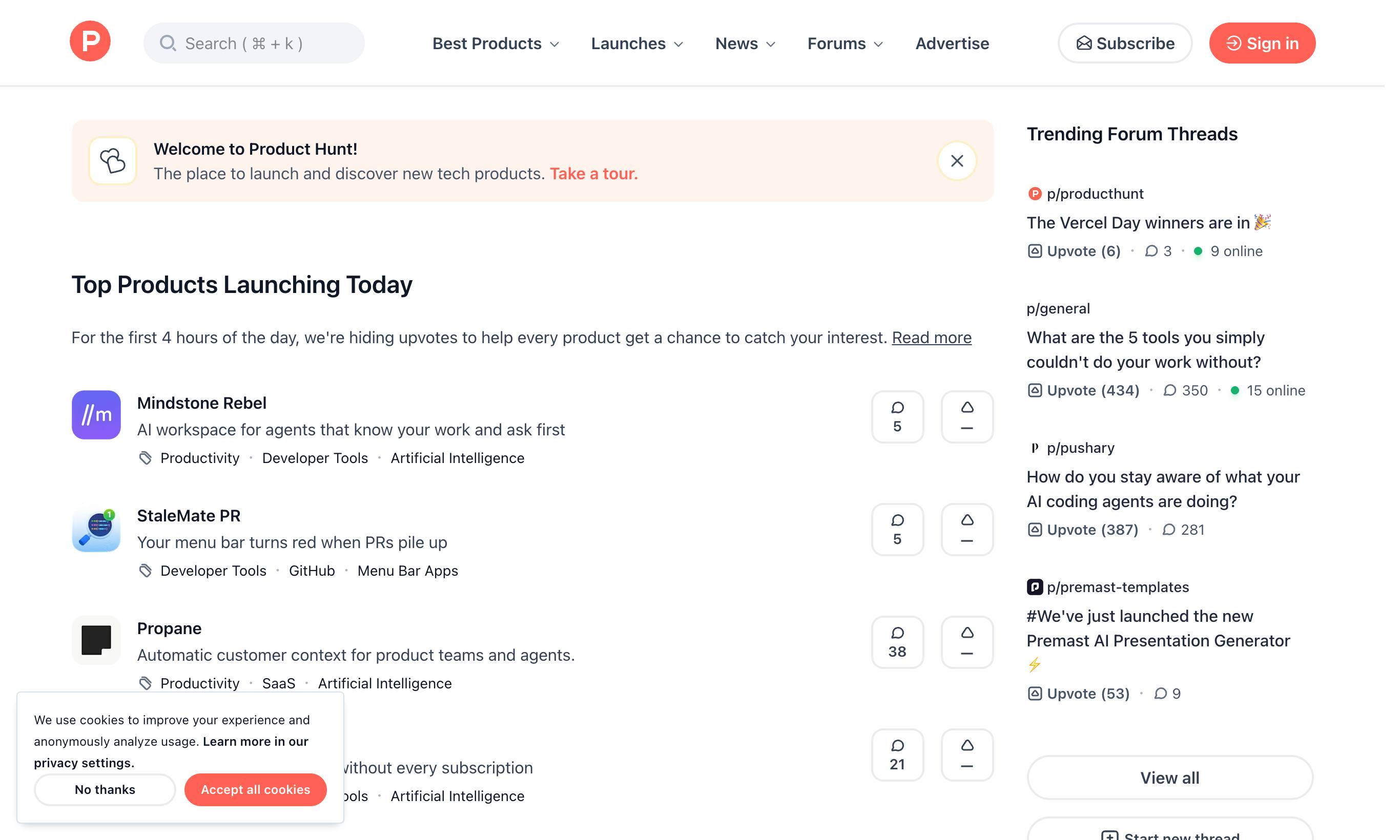 Product Hunt homepage