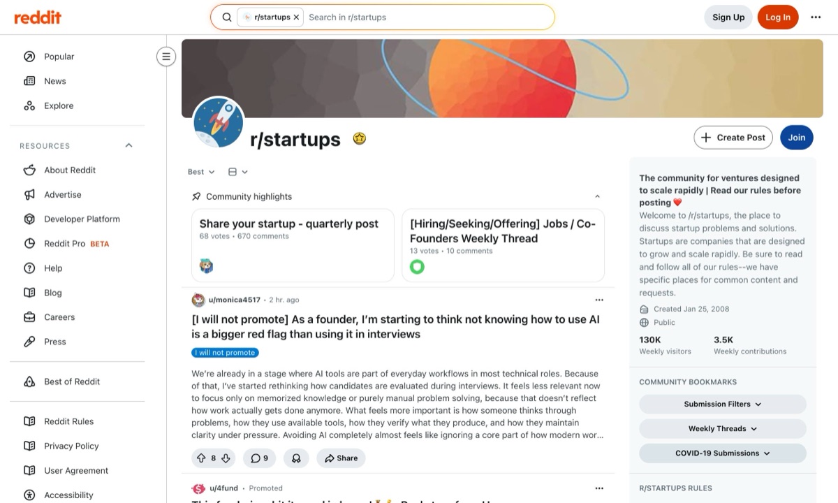 r/startups homepage