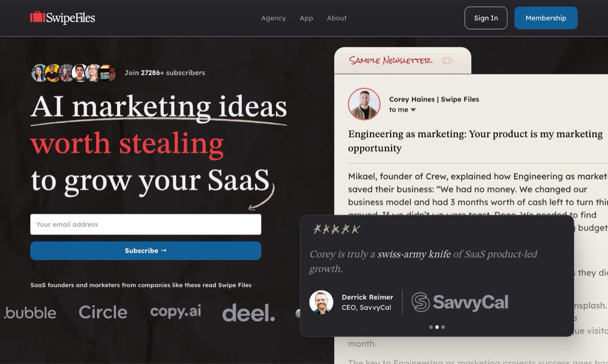 Swipe Files homepage