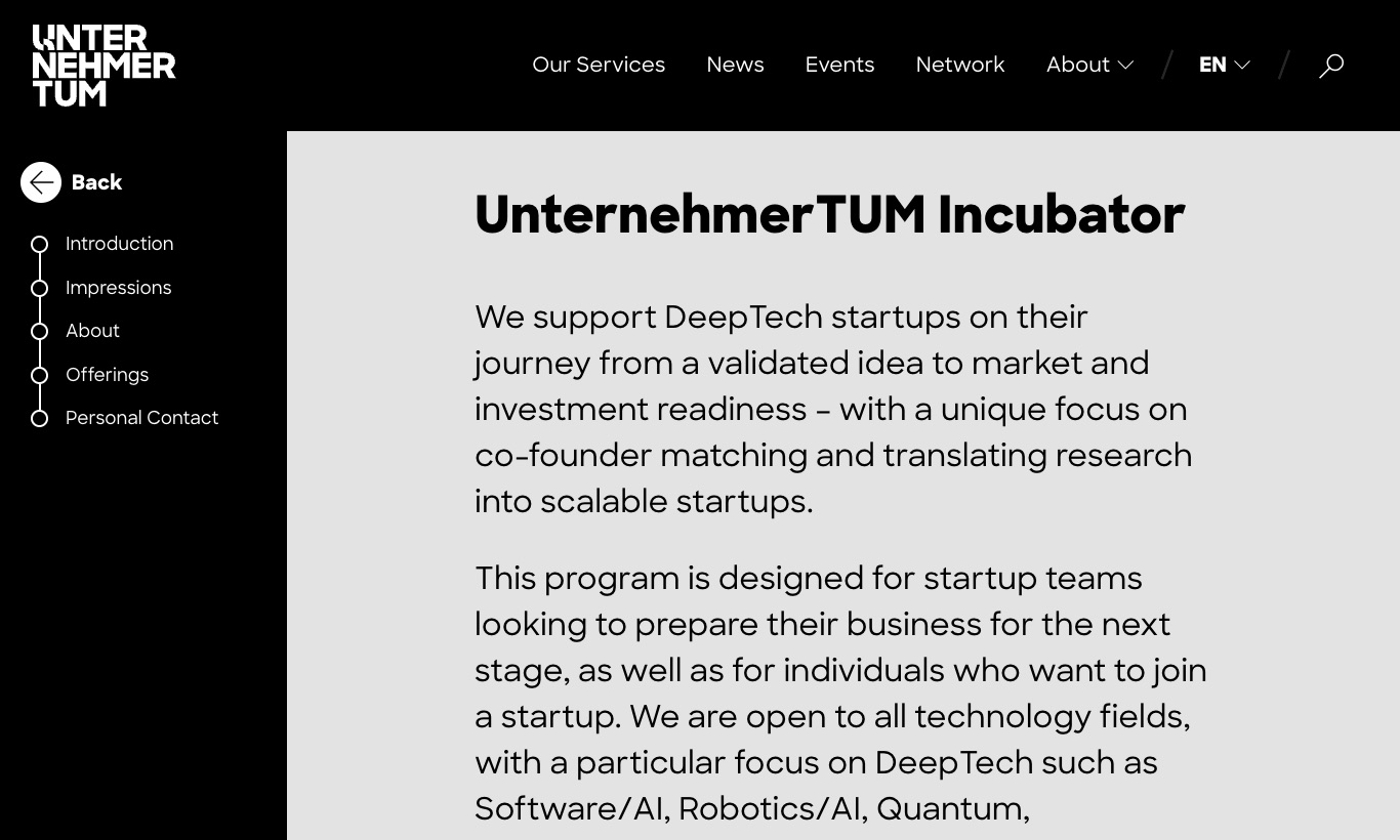 UnternehmerTUM Incubator website, September 2026