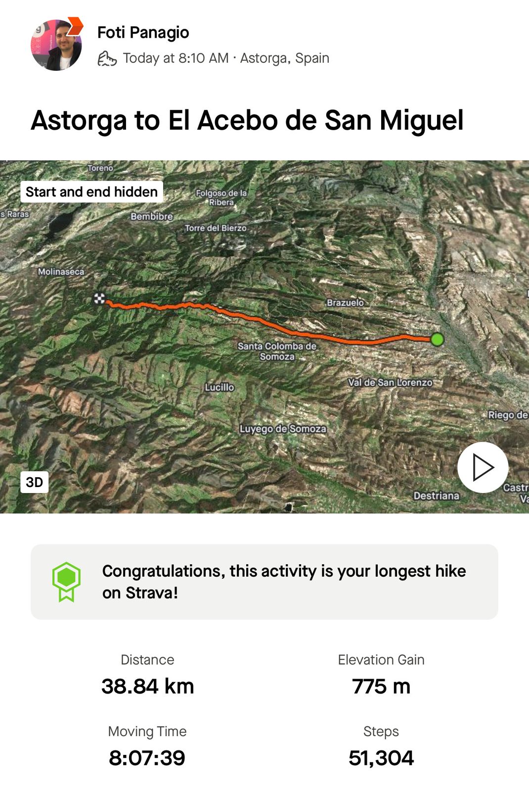 A Strava screenshot showing a 38.84 km hike from Astorga to El Acebo, longest hike