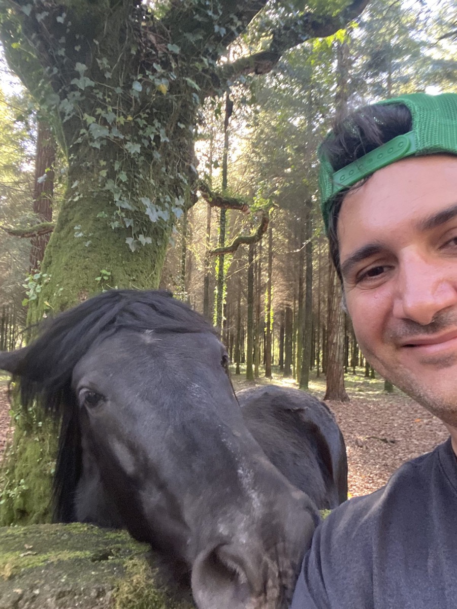 Selfie with a black mule in a mossy Galician forest