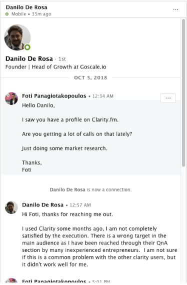 Foti's October 2018 LinkedIn message to Danilo De Rosa, asking how his Clarity.fm calls were going, as market research before building GrowthMentor.