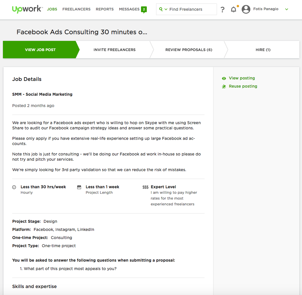 Upwork job posting for a Skype call with a Facebook Ads expert