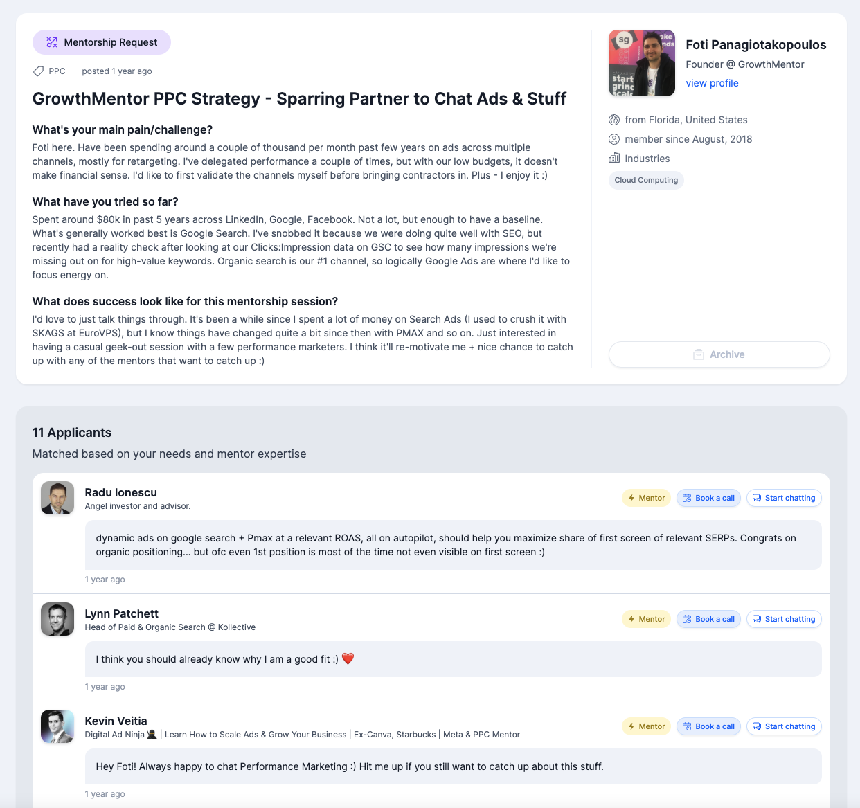 Browsing applicants to a Help Request from your dashboard