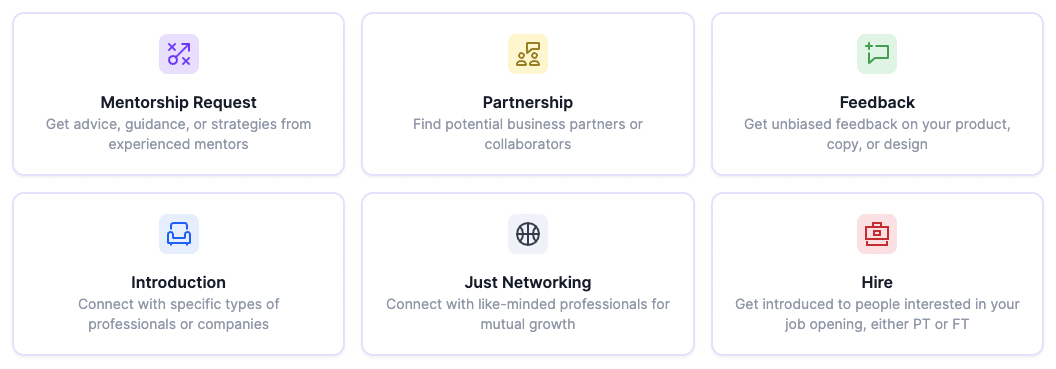 The six Help Request categories in GrowthMentor