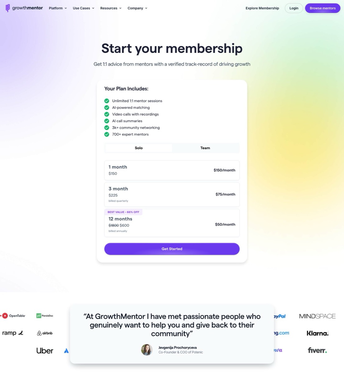 GrowthMentor pricing page, plans followed by a member testimonial and customer logos