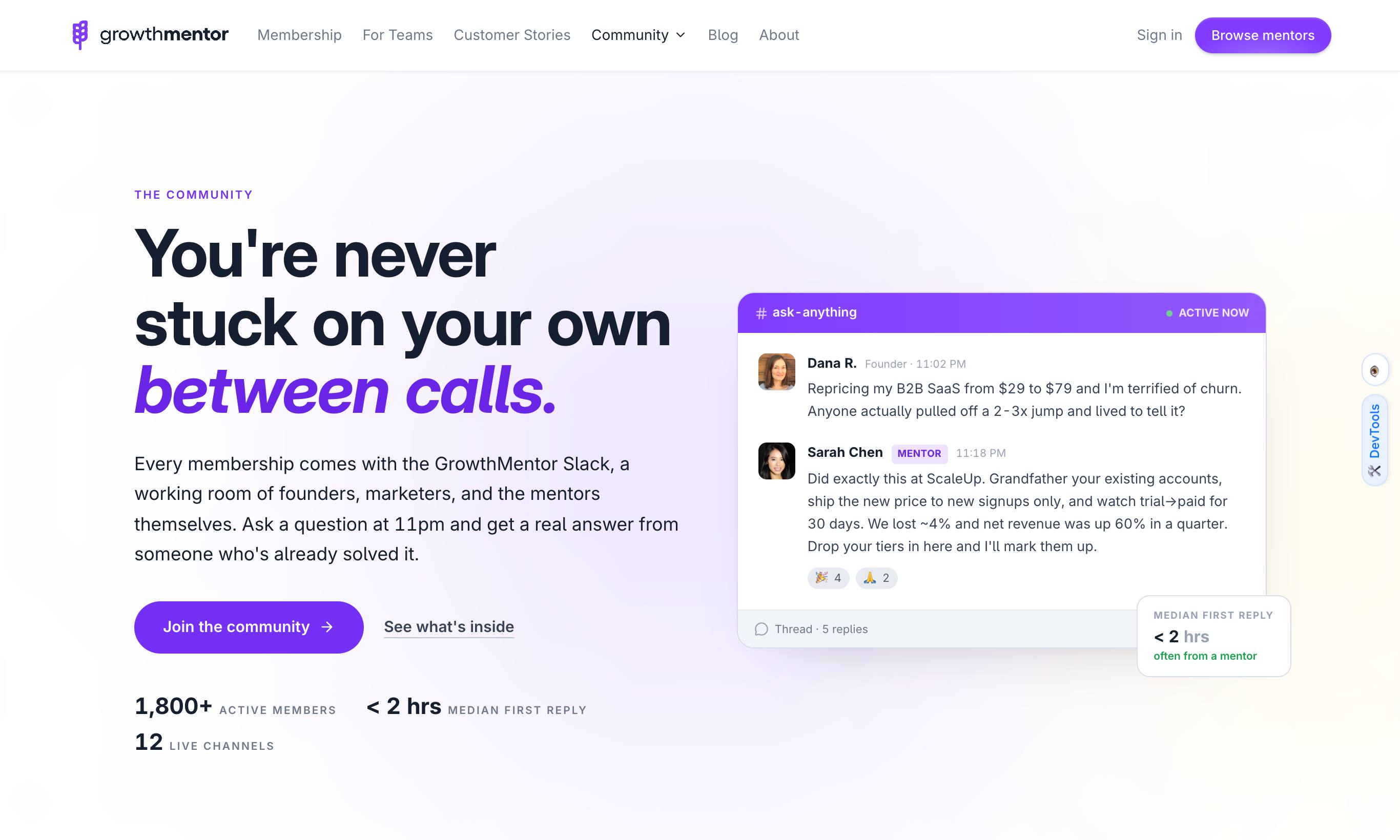GrowthMentor Slack community homepage