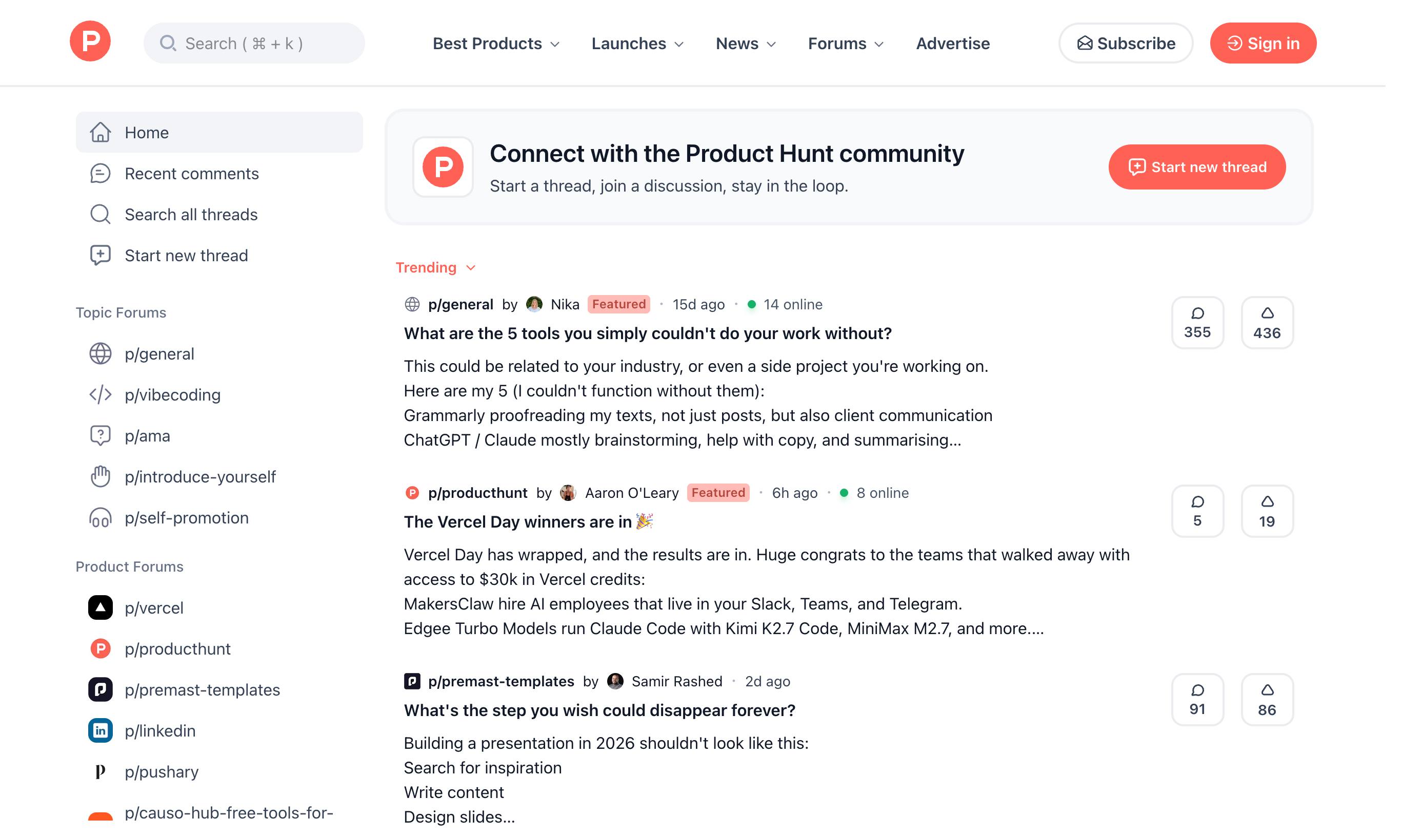Product Hunt Discussions homepage