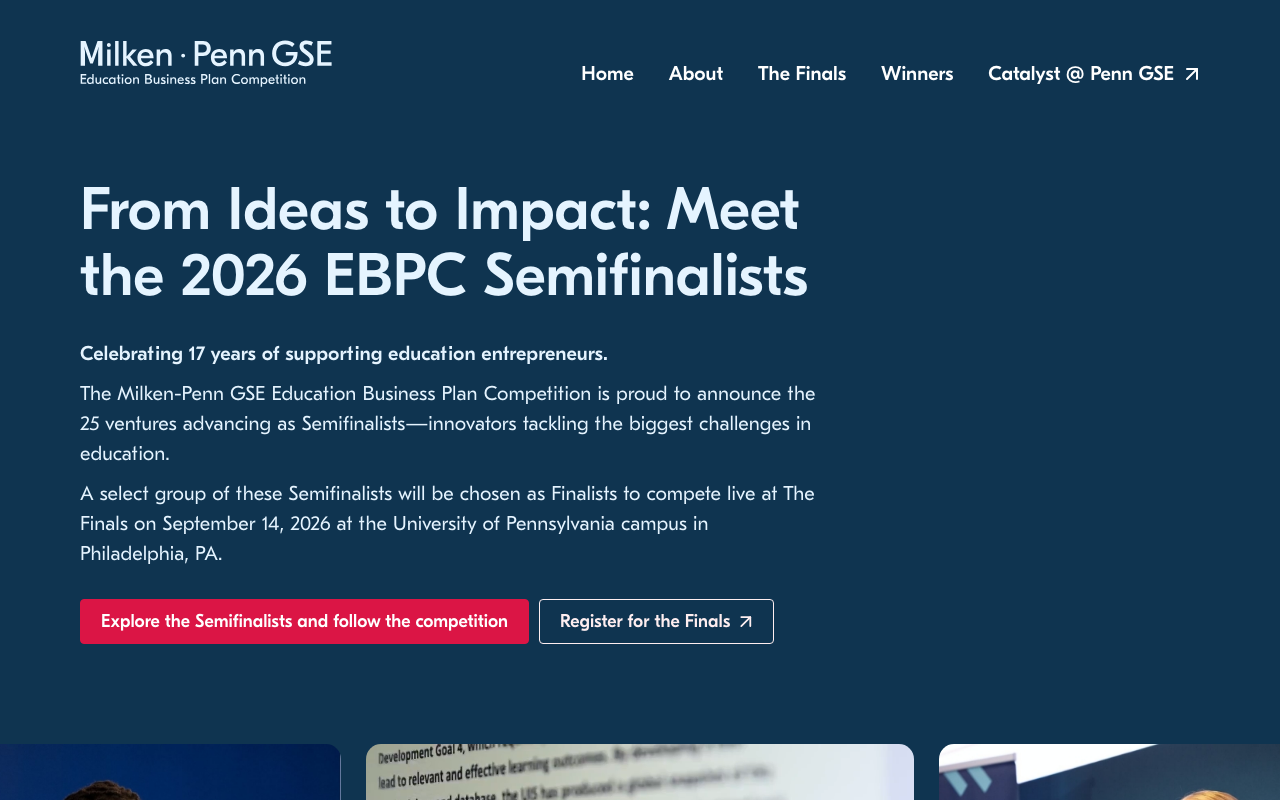 Milken-Penn GSE Education Business Plan Competition website