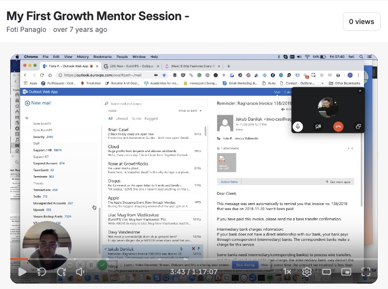 Screen recording of my first GrowthMentor mentoring session from 2018, one hour and seventeen minutes long