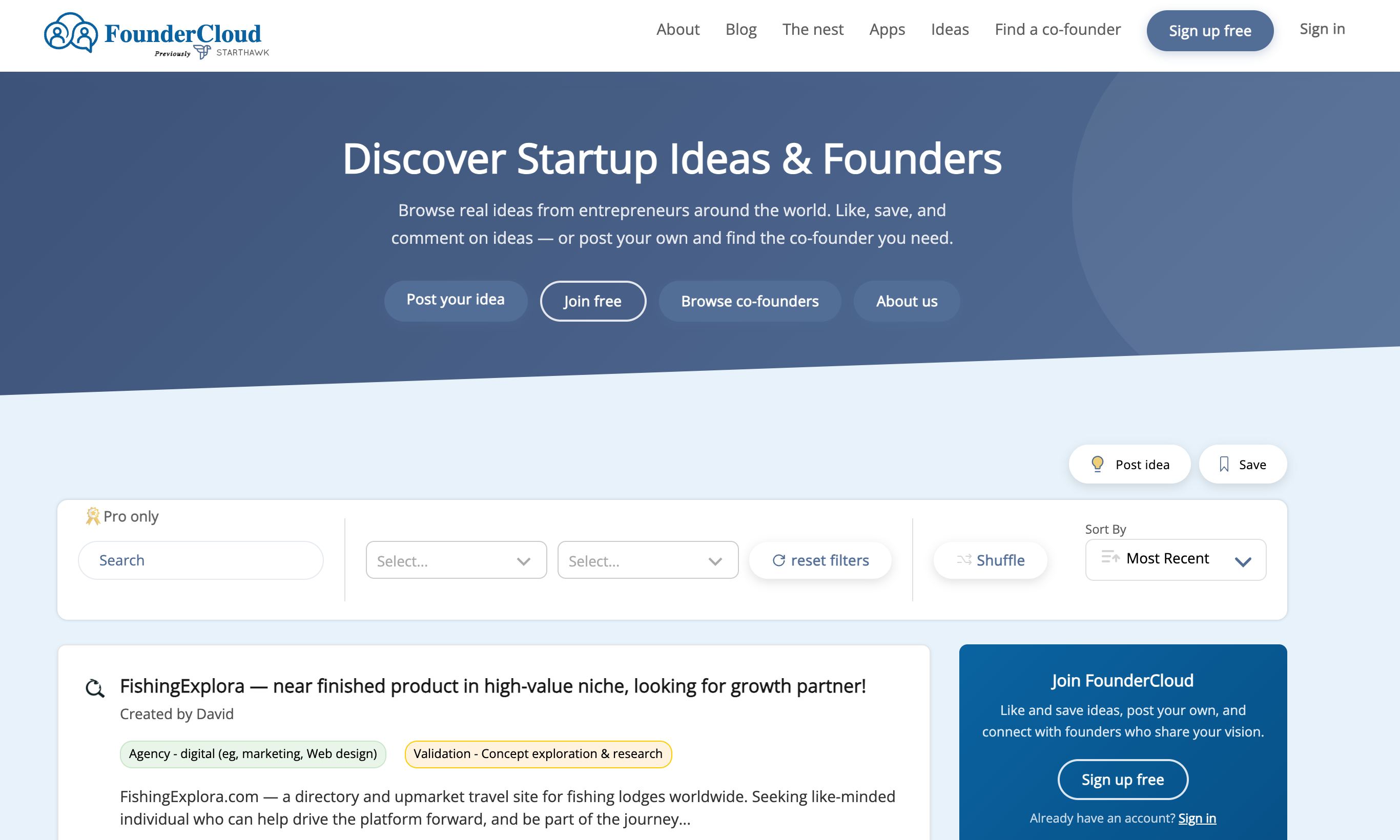 FounderCloud, formerly StartHawk, homepage