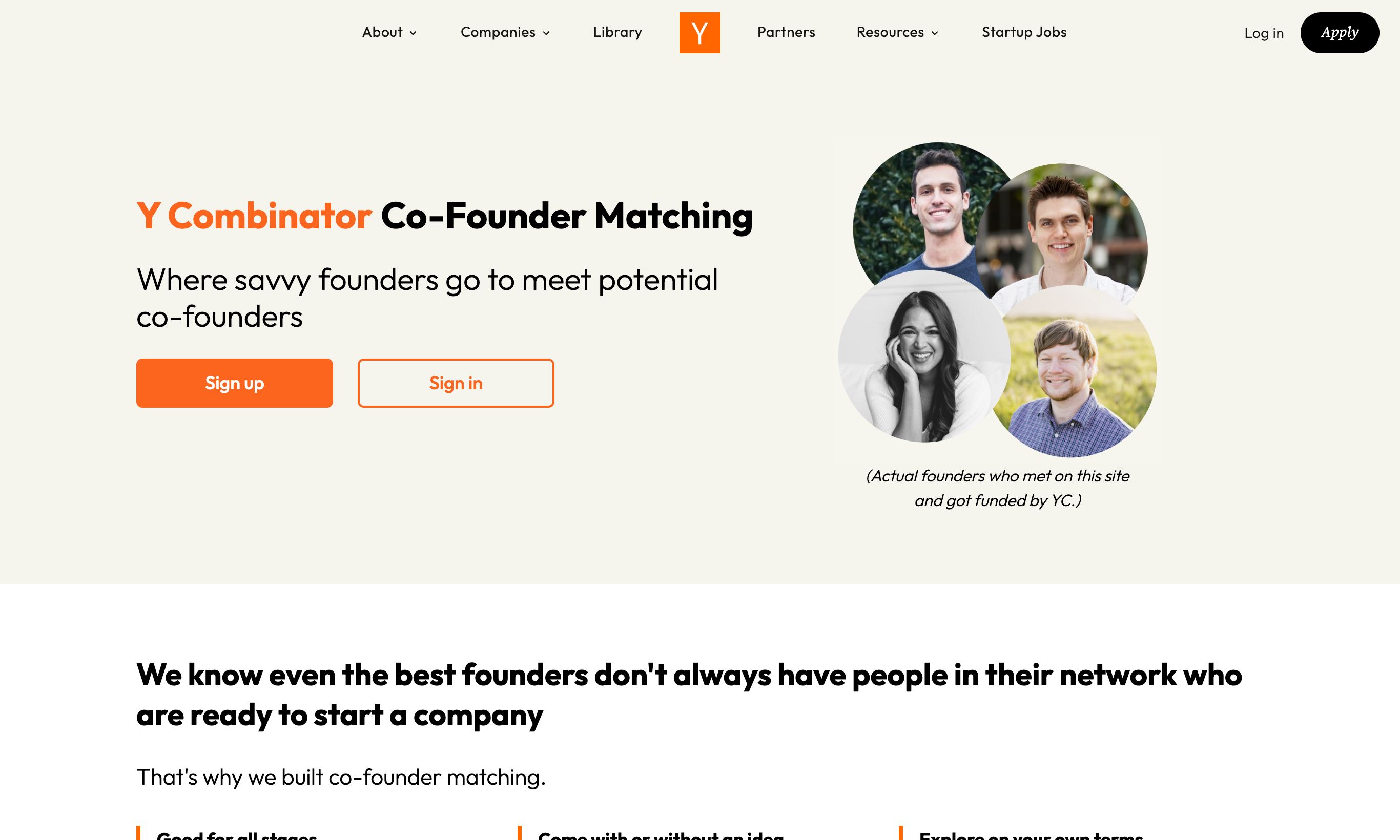 Y Combinator Co-Founder Matching homepage