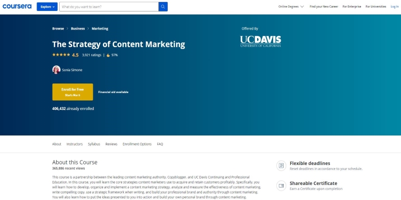 An overview of Coursera - The Strategy of Content Marketing Course's main page