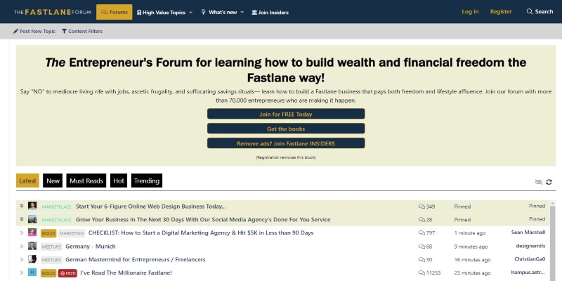 An overview of Fastlane Forum Startup Community's main page
