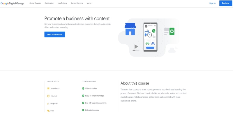 An overview of Google Digital Garage Content Marketing Course's main page