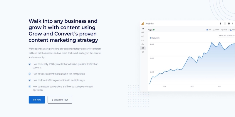 An overview of Grow & Convert Content Marketing Course's main page