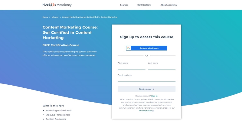 An overview of HubSpot Academy Content Marketing Course's main page