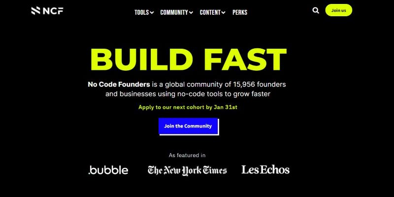 An overview of No Code Founders Startup Community's main page