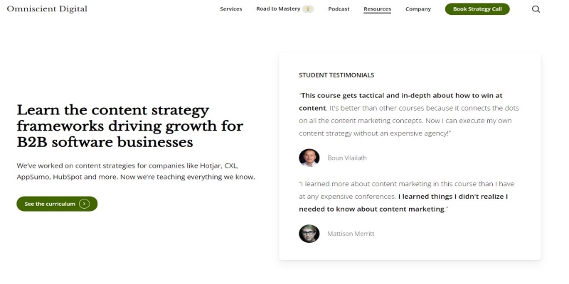 An overview of Omniscient Digital - Content Marketing Strategy Course's main page