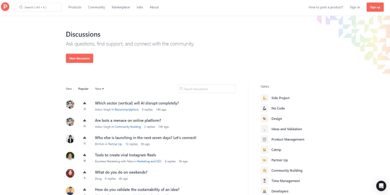 An overview of Product Hunt Startup Community's main page