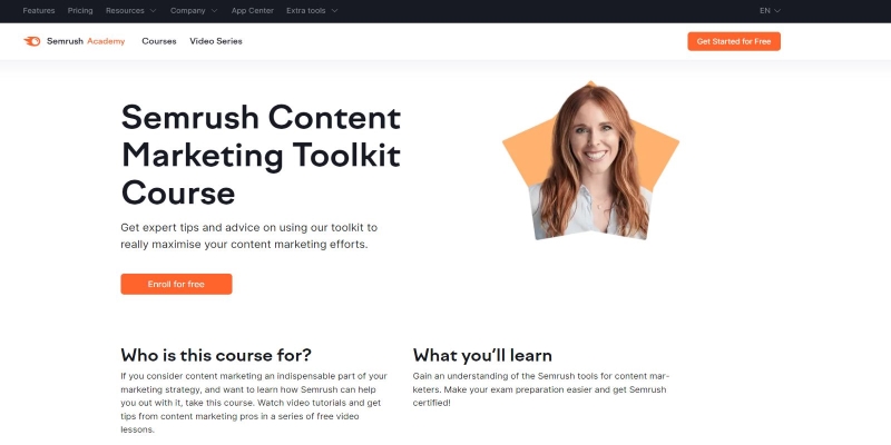 An overview of Semrush Content Marketing Toolkit Course's main page