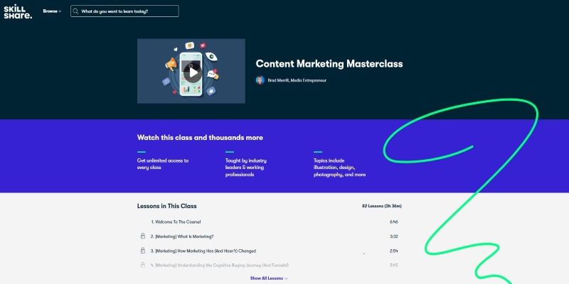 An overview of Skillshare - Content Marketing Masterclass' main page
