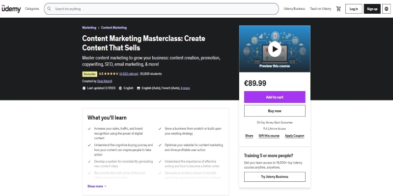 An overview of Udemy - Content Marketing Masterclass Content Marketing Course's main page
