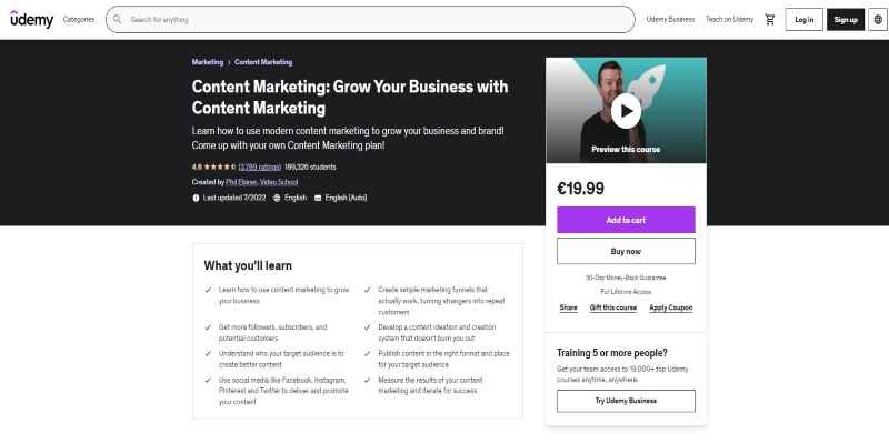 An overview of Udemy - Grow your Business with Content Marketing Content Marketing Course's main page