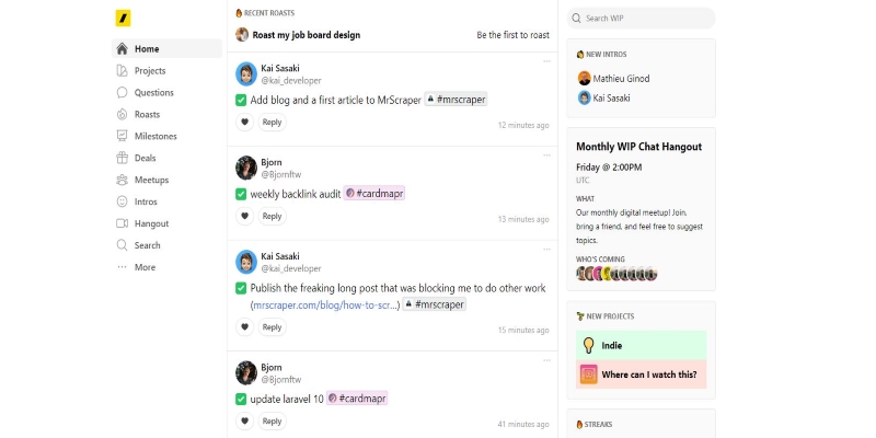 An overview of WIP by BetaList Startup Community's main page