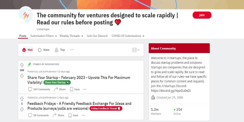 An overview of rstartups Startup Community's main page