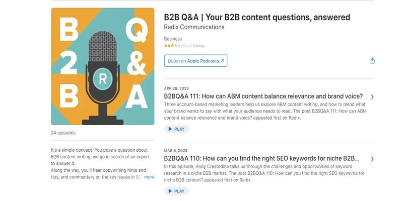 An overview of the B2B Q&A, Your B2B content questions, answered podcast