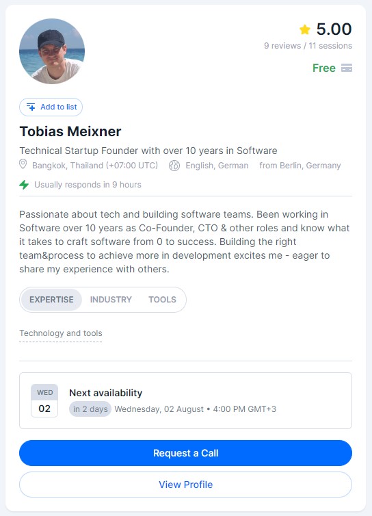 Tobias Meixner GrowthMentor Profile Preview