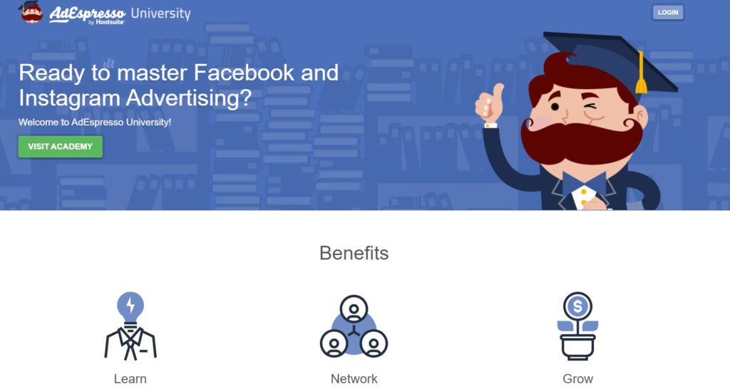 An overview of the AdEspresso University Facebook Ads main page