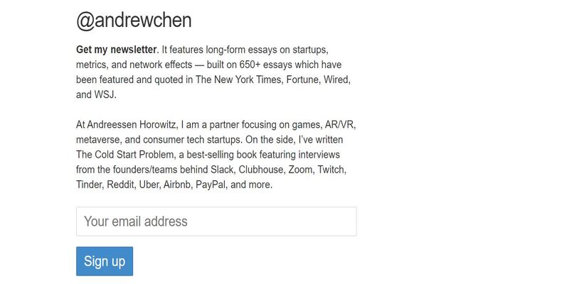 An overview of Andrew Chen marketing newsletter main page