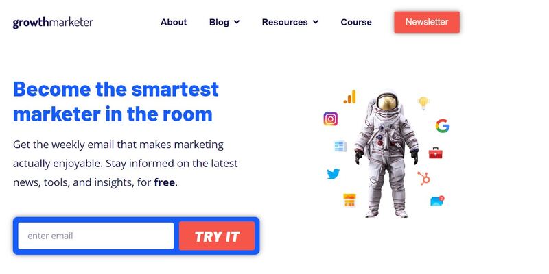 An overview of GrowthMarketer.co marketing newsletter main page