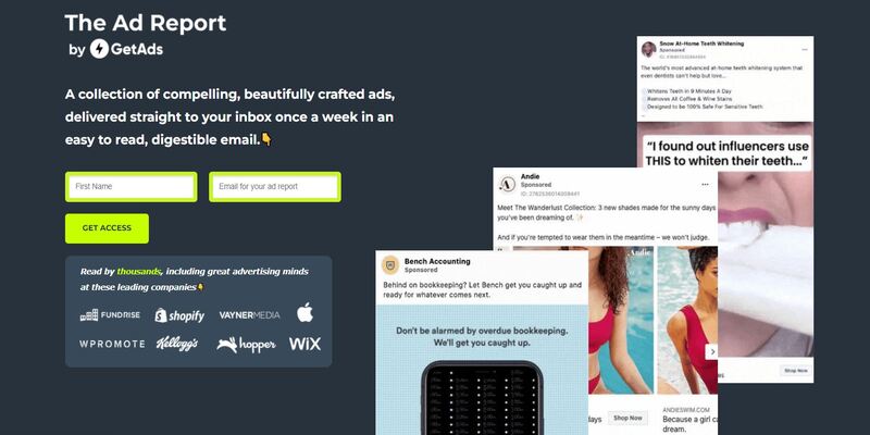 An overview of The Ad Report by GetAds marketing newsletter main page