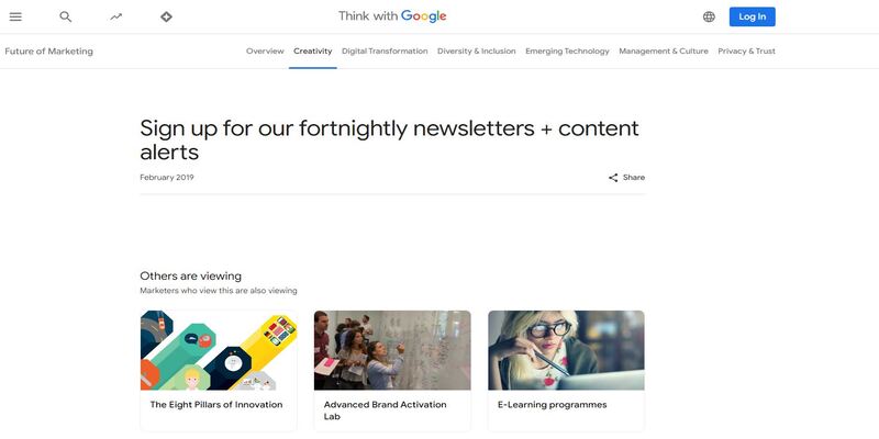 An overview of Think with Google marketing newsletter main page