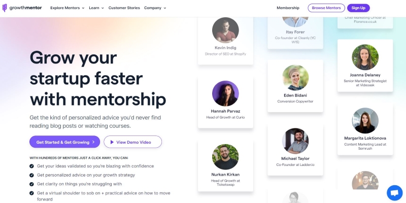 An overview of GrowthMentor's online Mentoring Platform main page