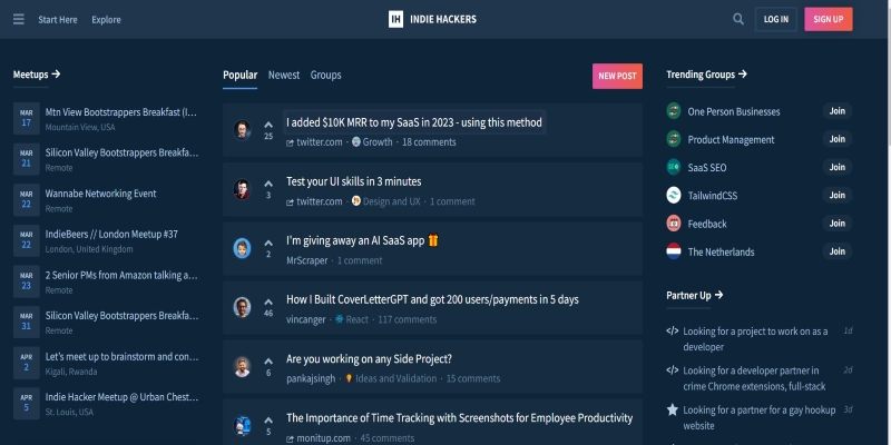 An overview of Indie Hackers SaaS Marketing Community's main page