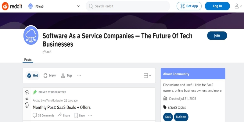 An overview of SaaS Subreddit Marketing Community's main page