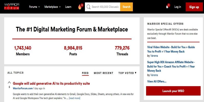 An overview of Warrior Forum Marketing Community's main page