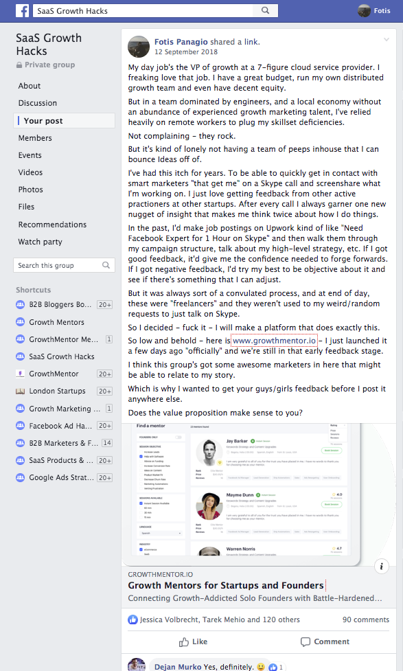 SaaS Growth Hacks Facebook group